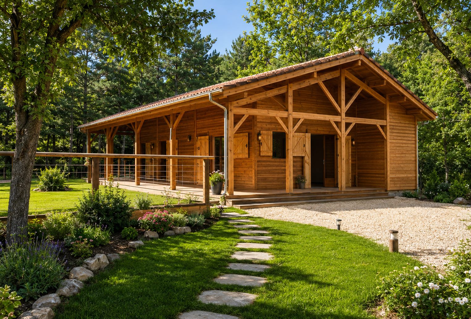 Maison bois de plain-pied avec préau
