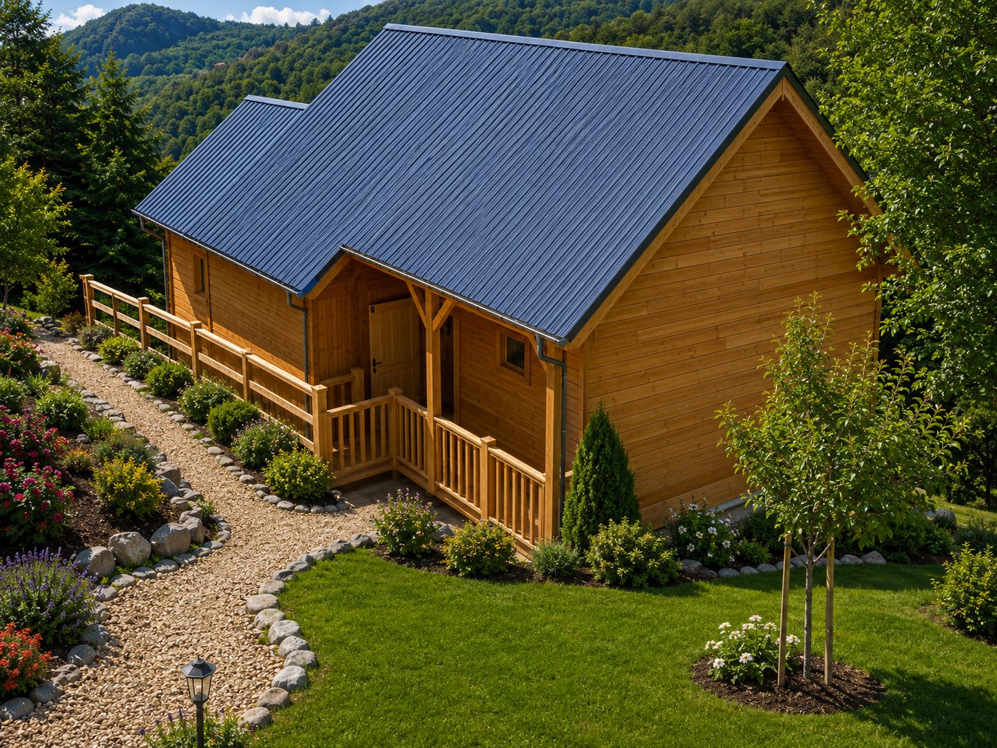 Petit chalet bois à toit bleu